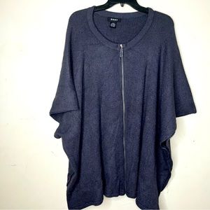 DKNY Ribbed Knit Zip Poncho Cape Topper Wrap Gray